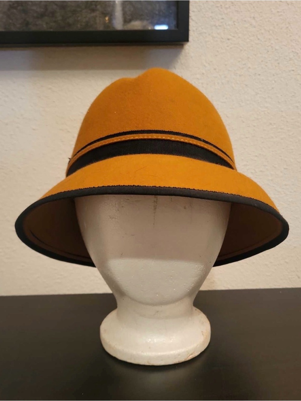 Women’s Felt Cloche Hat in Mustard with Black Trim
